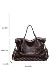 复古时尚大容量铆钉流苏多功能手提包 - 咖啡 - 查看 6