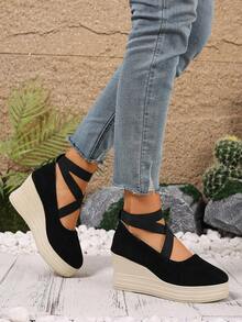 Casual Elegant Round Toe Thick Sole Criss-Cross Strap Women Shoes, Fashionable & Versatile, Comfortable To Wear - Black - View 6