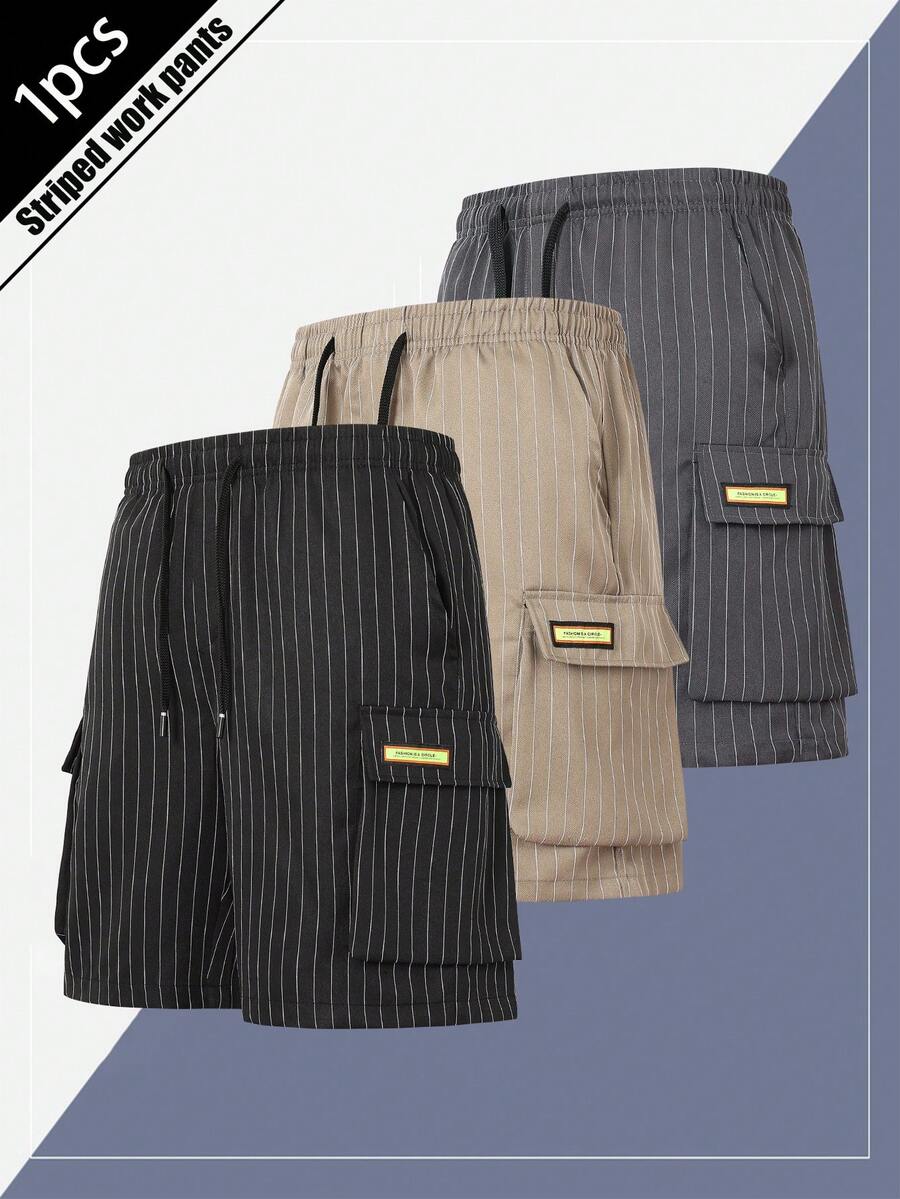 Men's Lightweight Casual Shorts, Fashion Striped Multi-Pocket Cargo Pants, Summer - Black - View 1