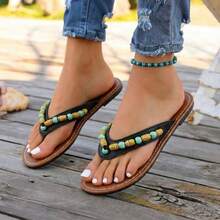 1 Pair Women's Beaded Flat Flip Flops, Bohemian Casual Slip-On Sandals - Black - View 3