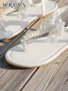 WRCVS Sandal Putih Wanita, Sandal Datar Musim Panas, Sandal Romawi Luar Ruangan dengan Hiasan Berlian Imitasi, Sepatu Bertali Jari dengan Berlian Imitasi, Sandal Pesta Seksi Ringan dengan Tali Jari, Pakaian Pantai, Sandal Jepit - Putih - View 7