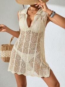 Cubrecuerpo de punto con cuello transparente y abertura lateral para mujer, ideal para vacaciones - Albaricoque - Ver 8