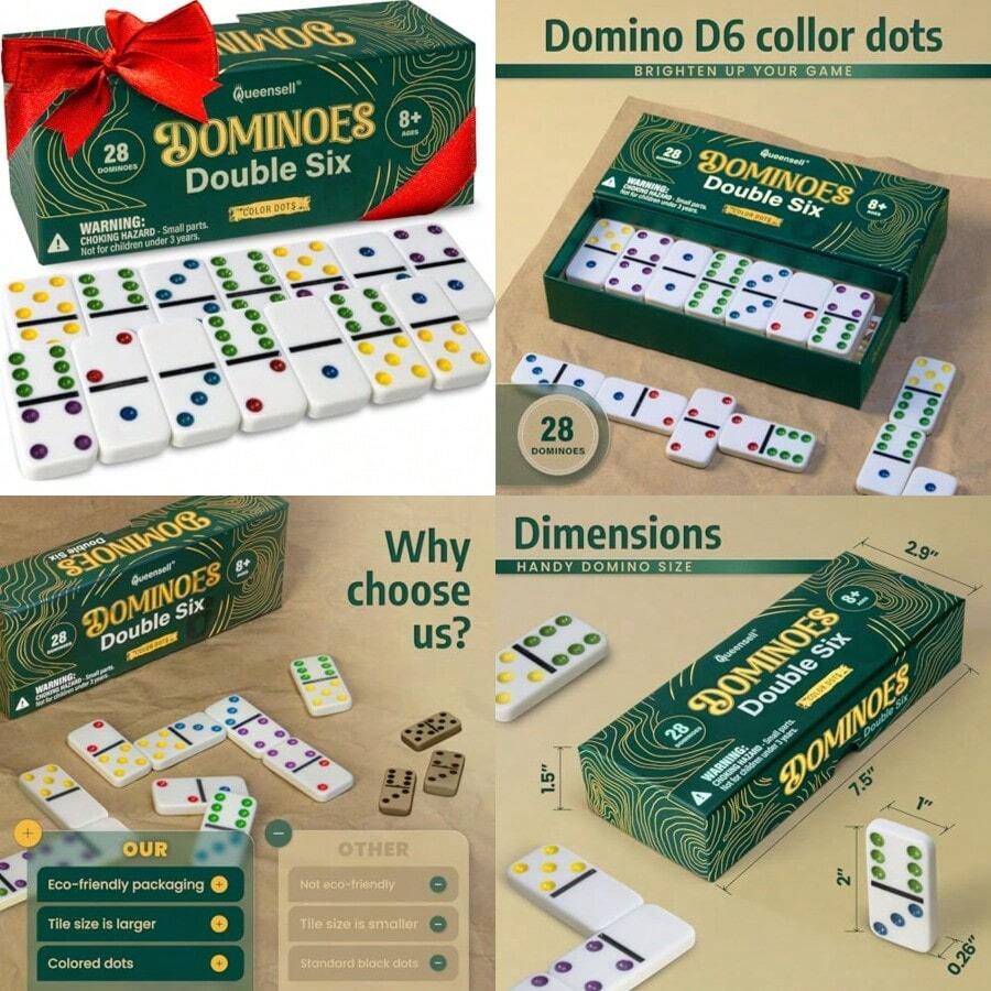 Queensell Juego de Domino para Adultos con Puntos de Colores Domino Doble 6 Juego de Mesa Clasico para Niños y Adultos Set Estandar de 28 FichasDiversión infantil, juegos felices, imprescindibles para los niños - como en la foto - Ver 1