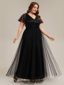 加大码V领亮片拼接荷叶袖网纱黑色优雅正式晚礼服，适合女士情人节派对、鸡尾酒会、舞会、春季婚礼宾客及其他场合。