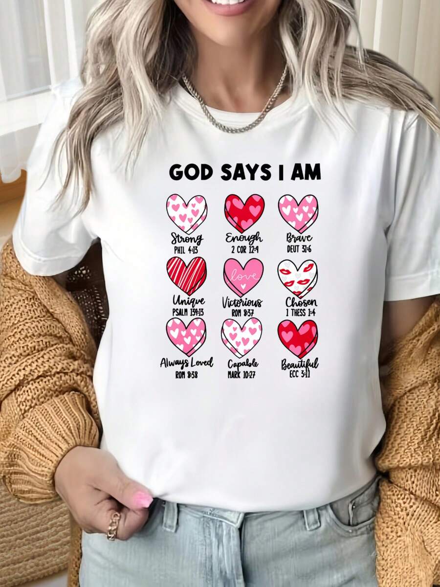 God Says I Am Love Heart Pattern Short Sleeve T Shirt Women Casual Graphic Tee Top For Valentine DaySuitable For Family GatheringsChristmas Partiessports Activitiesholiday Partiesoutingssports And Other Holiday Gifts (220g). - 白色 - 查看 1