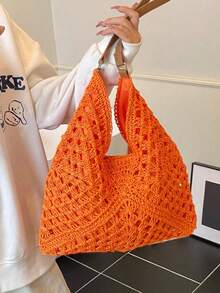 Dedoo 大容量度假风镂空草编手提包，波西米亚风编织单肩包，休闲复古浪漫三色斜纹几何图案，视觉层次丰富，明亮柔和，适合旅行、海滩、夏季郊游、购物、送礼 - 橘色 - 查看 8