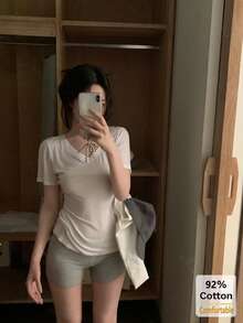 V领纯色修身短袖T恤，休闲白色，夏季款 - 白色 - 查看 2