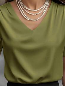 1 pieza Blusa de mujer de unicolor de satén con cuello en V y manga corta, elegante y de moda para uso diario, oficina, hogar, citas, primavera y verano casual - Verde militar - Ver 3