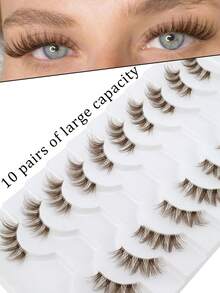 10 Pairs Cat Eye Brown Faux Mink Lashes, 3D Criss-Cross Half Eye Wispy Lightweight Fluffy False Eyelashes, Ideal For Travel And Occasions - Brown - View 2