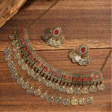 波西米亚风绿松石合金硬币流苏项链，复古夸张项链耳环套装，适合宴会、派对、节日等场合佩戴 - 錢幣款 - 查看 12