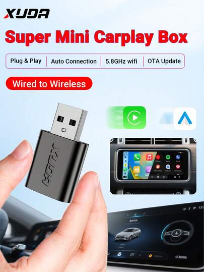  XUDA新款CarPlay AI Box迷你超级盒，支持有线转无线，具备无线CarPlay和安卓二合一功能，配备2.4-5.0GHz WiFi 5，适用于99%配备有线CarPlay和安卓功能的车辆。