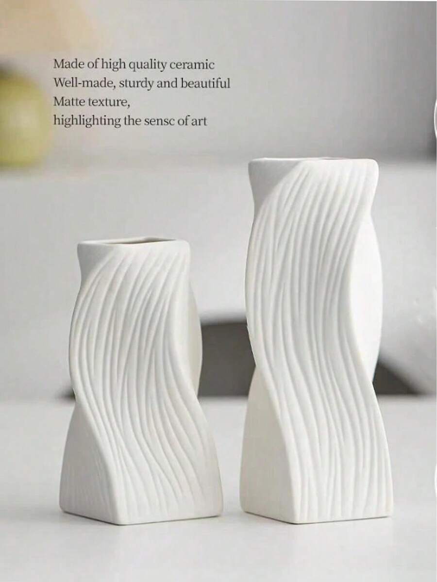 1pc Modern White Wavy Vase Set - Minimalist Rectangular Wavy Textured Plastic Neutral Vase For Elegant Floral Decor In Living Room, Bedroom, Office Desk, Dining Room Shelf, Suitable For Dried Flowers (Reed/Wheat/Cattail), Fresh Flowers (Peony/Rose/Tulip), Artificial Flowers (Artificial Reed/Artificial Ginkgo Leaf Branches/Artificial Daisy Bouquet/Artificial Baby's Breath) - Multicolor - View 1