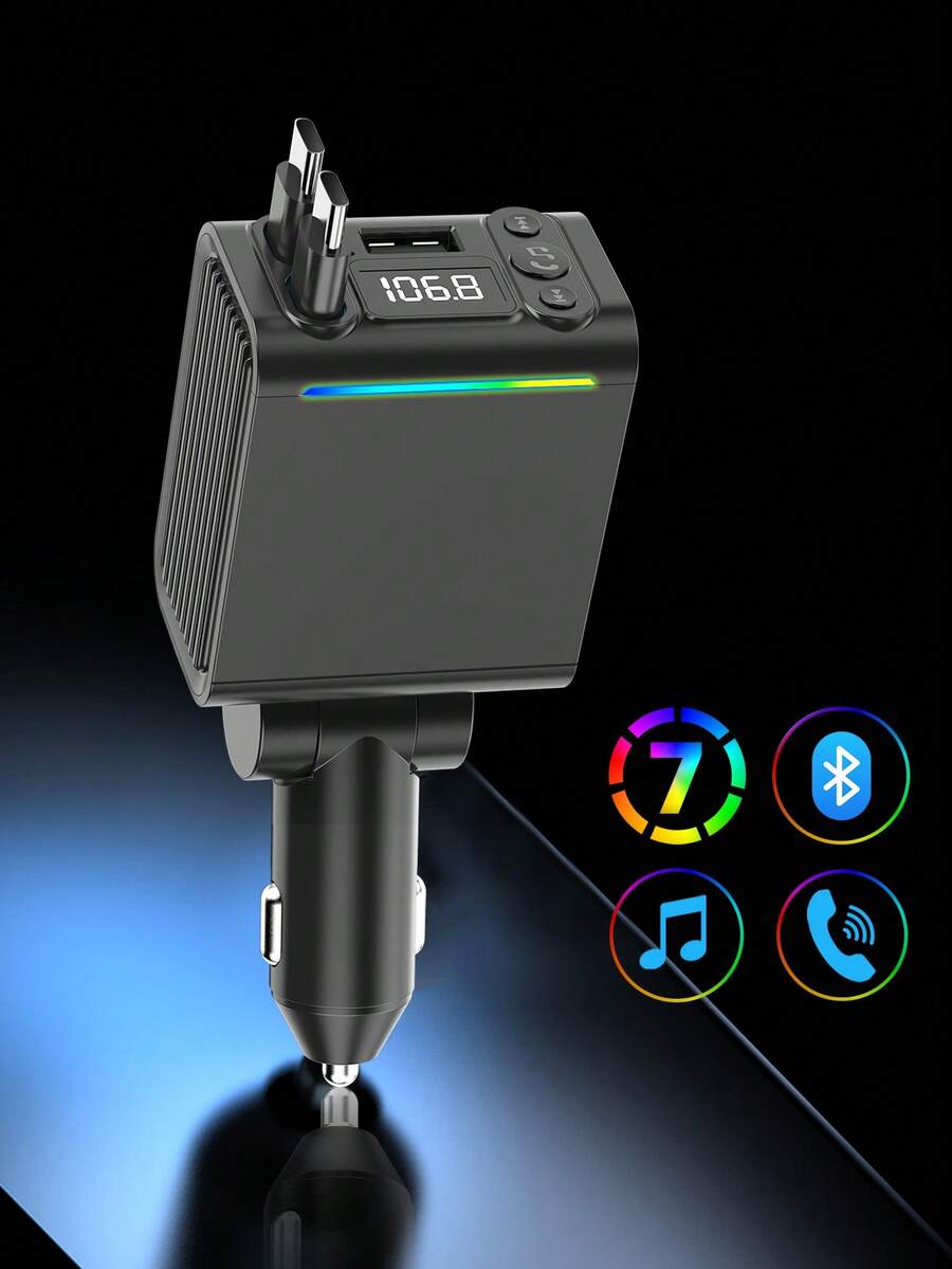 REMAX 藍牙 5.3 FM 發射器與車用充電器，附彩色氛圍燈，雙 74cm 可伸縮 USB-C 線，30W PD 快充，HD 麥克風免持通話，Type-C 充電器，iPhone 充電器，汽車配件，汽車用品，汽車必需品
