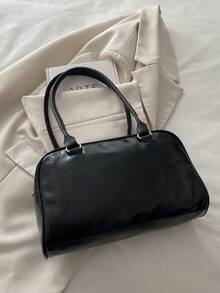 1个复古简约拉链手提包，带口袋，双提手，适合女士休闲和通勤日常使用 - 黑色 - 查看 10