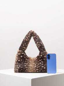 斑点鹿动物纹毛绒单肩包，棕色钱包，女士工作包，优雅女士手提包，适合日常、约会、购物、工作、下午茶（图案随机） - 彩色 - 查看 3