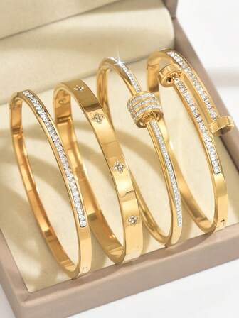4pcs/1pc Fashion 18K Gold Plated Stainless Steel Four-Leaf Clover Nail Bracelet, Suitable For Women's Party, Daily Wear, European And American Style, Personalized, Generous, Luxury Cubic Zirconia Wristband, Wedding Jewelry Set, Gift For Girls, Women, Relatives, Friends, Beautiful Wedding, Birthday, Valentine's Day