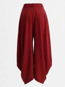 Pantalones casuales de mujer de cintura alta, sueltos, con pliegues asimétricos, de primavera/otoño, con botones, relajados, de lino de alta calidad - Burdeos - Ver 3