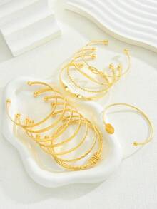 Bộ 15/12/10/7/5 chiếc vòng tay kim loại kiểu dáng cổ điển, thanh lịch, tinh tế với họa tiết hoa, nút thắt, dây xích, tình yêu, ngôi sao, họa tiết nổi, hình trái tim, bện xoắn nhiều lớp, tối giản, thích hợp cho các dịp lễ, tiệc tùng, hẹn hò, làm quà tặng và đeo hàng ngày. - Vàng - Xem 6