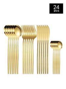 4/16/24/32pcs Portuguese Stainless Steel Cutlery Set, Steak Knife Fork Spoon, Suitable For Home, Restaurant, Party, Holiday Gift - Gold - View 6