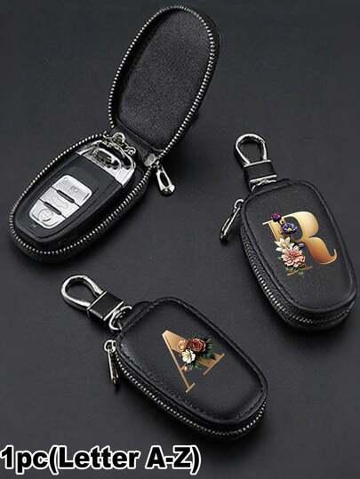 Zippered Key Holder - Stylish Red Flower With Gold Letters (A-Y), Pu Imitation Leather Organizer, Key Holder For Car, Home, And Office - Ideal For Valentine'S Day, Graduation, And Teacher'S Day - Unisex Design, Travel Accessory, Elegant Jewelry, Quality Craftsmanship, Professional Accessory