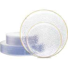 50/25/12/2pcs Transparent Gold Rim Hammered Dinnerware Set, Includes 7.5" Dessert Plates/10.25" Dinner Plates, 2 Sizes Available, Great For Barbecue, Wedding, Party, New Year, Anniversary, Birthday, Family Gathering, Engagement Party, Bridal Shower