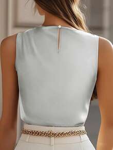 女士优雅露肩荷叶边无袖修身正式衬衫，香槟色，适合通勤、春夏度假穿着 - 銀色 - 查看 6