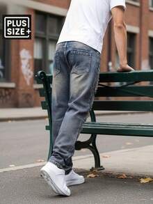 263 American Retro Large Size Men's Jeans, Classic Five-Pocket Style, High Street Washed Vintage Ripped Design, Mid-Waist Stretch Straight Pants, Slimming And Tallening Effect, Elastic Fabric Soft And Comfortable, Machine Washable, Suitable For All Seasons, Built-In YKK Zipper Closure, Fashionable And Cool Must-Have Plus Size Men's Jeans - Màu xanh biển - Xem 2