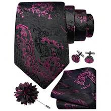 GUSLESON 8cm Paisley Tie Set For Men Necktie Lapel Pin Pocket Square Cufflinks Set For Men,Black/HotPink - Black/HotPink - View 1
