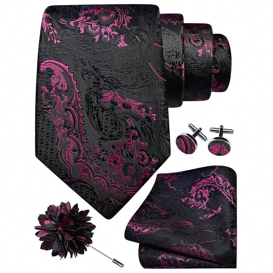 GUSLESON 8cm Paisley Tie Set For Men Necktie Lapel Pin Pocket Square Cufflinks Set For Men,Black/HotPink - Black/HotPink - View 1