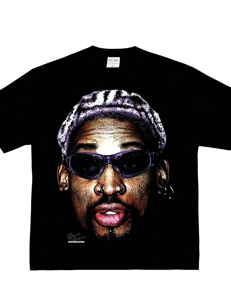 Rodman American Street Big Head Crew Neck Short Sleeve Cotton T-Shirt Fashion Men Women T-Shirt Loose Streetwear Tops Unisex - màu đen - Xem 1