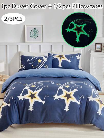 2/3pcs Star Pattern Print Glow In The Dark Polyester Duvet Cover Set, Cute Modern Bedding Set For All Seasons, Soft, Breathable, Machine Washable, Queen, King ( 1 Duvet Cover+ 1/2 Pillowcases, No Filler )