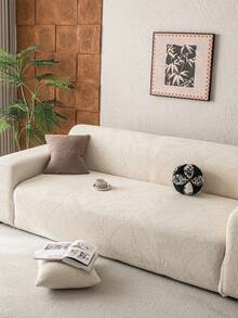 1件套毛绒提花叶子图案弹力沙发套，含1个抱枕套，北欧现代风格涤纶防尘防滑加厚沙发套，适用于1/2/3/4人沙发，尤其适合秋冬季沙发装饰 - 米色 - 查看 2