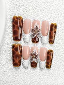 10 pièces Autocollants pour ongles d'automne/hiver, style français minimaliste, décoration de fleurs artificielles, options marron et blanc, 3 tailles : amande, carré, bec de canard, outils inclus (1 pièce autocollant en gelée + 1 pièce lime à ongles), convient aux femmes et aux filles, accessoires pour ongles d'automne/hiver, fête, port quotidien - Multicolore - Voir 19