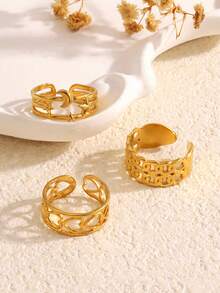 3pcs/Set Stainless Steel 18K Gold Plated Heart, Star, Moon Ring Set, Suitable For Women's Daily And Party Wear - Multicolor - View 5