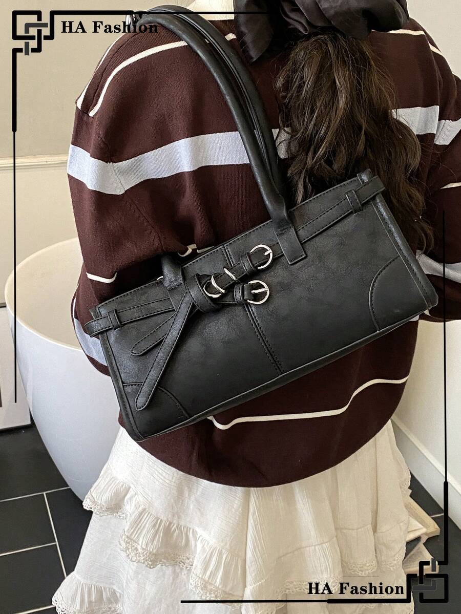 1pc Versatile One Shoulder Bag, Fashionable Buckle Strap Design Underarm Bag, Daily Commute Handbag For Women - Black - View 1