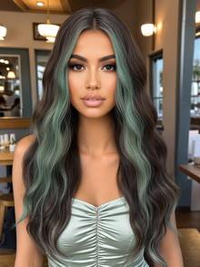 XOUJE Tóc giả dài 26 inch màu nâu sẫm bóng mượt pha xanh lá cây, kiểu gợn sóng, rẽ ngôi giữa, phù hợp cho nữ. Mềm mại, bồng bềnh, nhẹ, thoáng khí. Thời trang cho các lễ hội, hẹn hò, kỳ nghỉ, chụp ảnh, cosplay, tiệc tùng sang trọng, lễ hội âm nhạc, tụ họp thường ngày, phong cách Lolita. - Điểm nhấn màu xanh lá cây - Xem 2