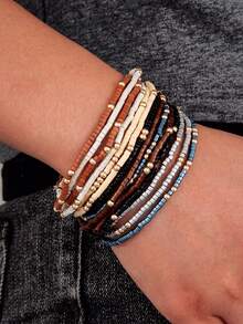 14/10件波西米亚风彩色树脂珠和金色CCB串珠多层手链套装（女士款） - 14pcs 黑金色 - 查看 8