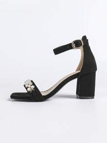Giày sandal cao gót mùa hè cho nữ, giày nữ thanh lịch, sandal cao gót hở mũi gợi cảm, sandal đế vuông, giày cưới đế dày, sandal đen đính đá và ngọc trai giả. - màu đen - Xem 7