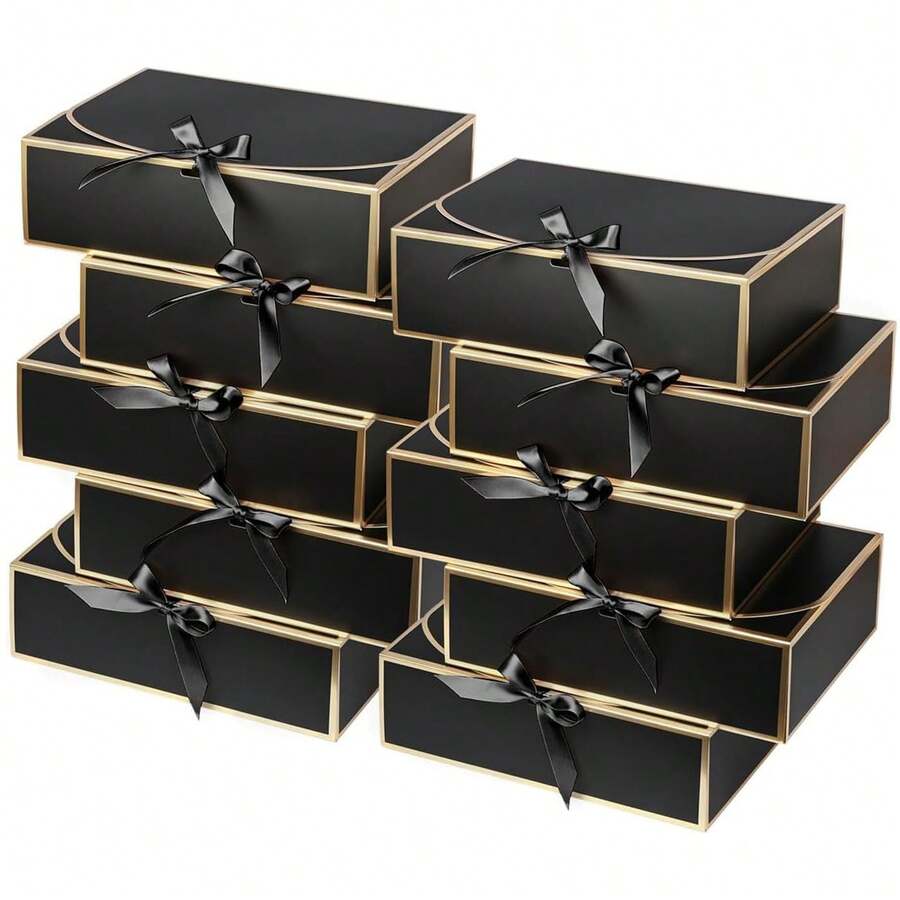 10pcs Black Edged Gift Boxes, 10.6 X 7.8 X 3.1 Inches (27 X 20 X 8 Cm), Bridesmaid Proposal Boxes With Ribbon, Covered Gift Boxes For Mother's Day, Wedding, Birthday Party, Anniversary - Black - View 1
