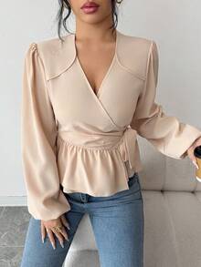 女士休闲日常通勤简约纯色灯笼袖系带衬衫，春秋季 - 杏色 - 查看 1