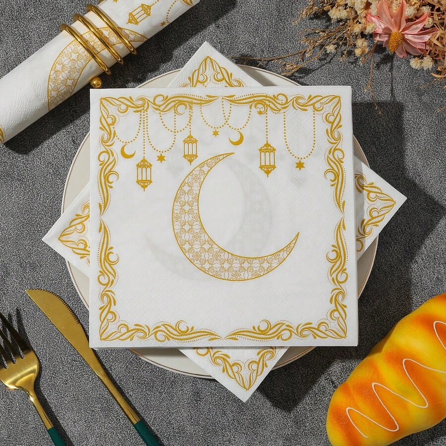 20pcs Eid Mubarak Star & Moon Printed Square Disposable Paper Napkins, Party & Celebration - Multicolor - View 1