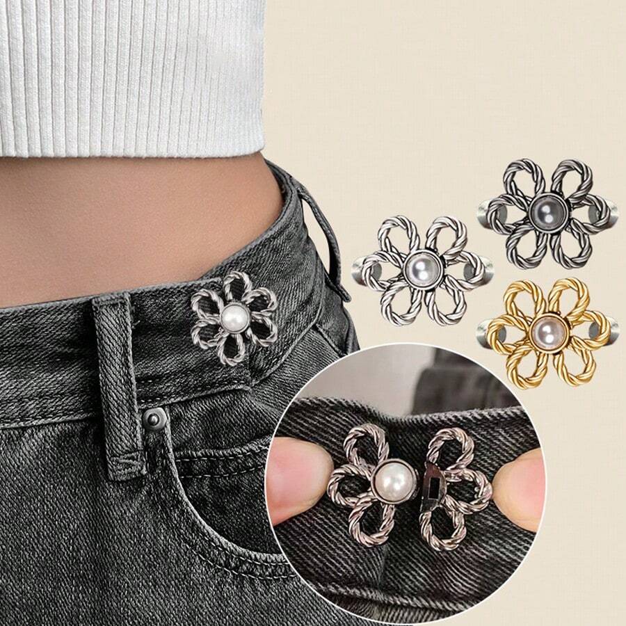 4/2/1 Paio di fibbie per vita con fiore a 6 petali staccabili, cintura in vita invisibile, corsetto in vita con fiore, spilla per colletto dei pantaloni, fermaglio per vita con fiore regolabile in dimensione per jeans - Multicolore - Visualizzare 1