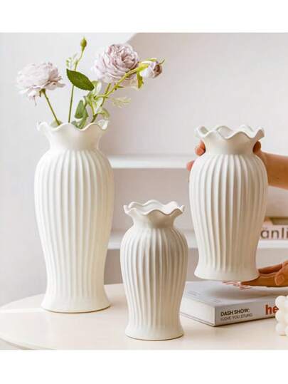 1 st europeisk lotusbladsmun vertikal rand vit rund mage vas plastimitation keramik blomsterarrangemang vardagsrum matbord torkade blommor hydroponisk dekoration