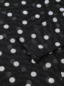 Acelitt Camiseta de manga larga con cuello alto y ajuste ceñido con lunares negros de malla elegante para mujer, casual de primavera para vacaciones - Negro - Ver 7