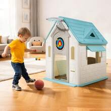 Outdoor Playhouse, 5-In-1 Cottage Play House With Pretend Play, Basketball, Darts, Soccer, Ring Toss, Window & Convenient Door, Toddler Slide Set For Aged 2+, Smooth Edges, Polypropylene Plastic - 1-2m³ Closed Type - View 9