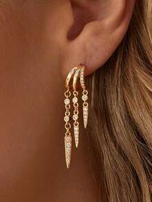 Hoop Earrings For Women,Dainty Dangle Chain Earrings Long Statement Triple Stud Earring Layered 14K Gold Plated Drop Earrings For Women Jewelry - Gold - View 2