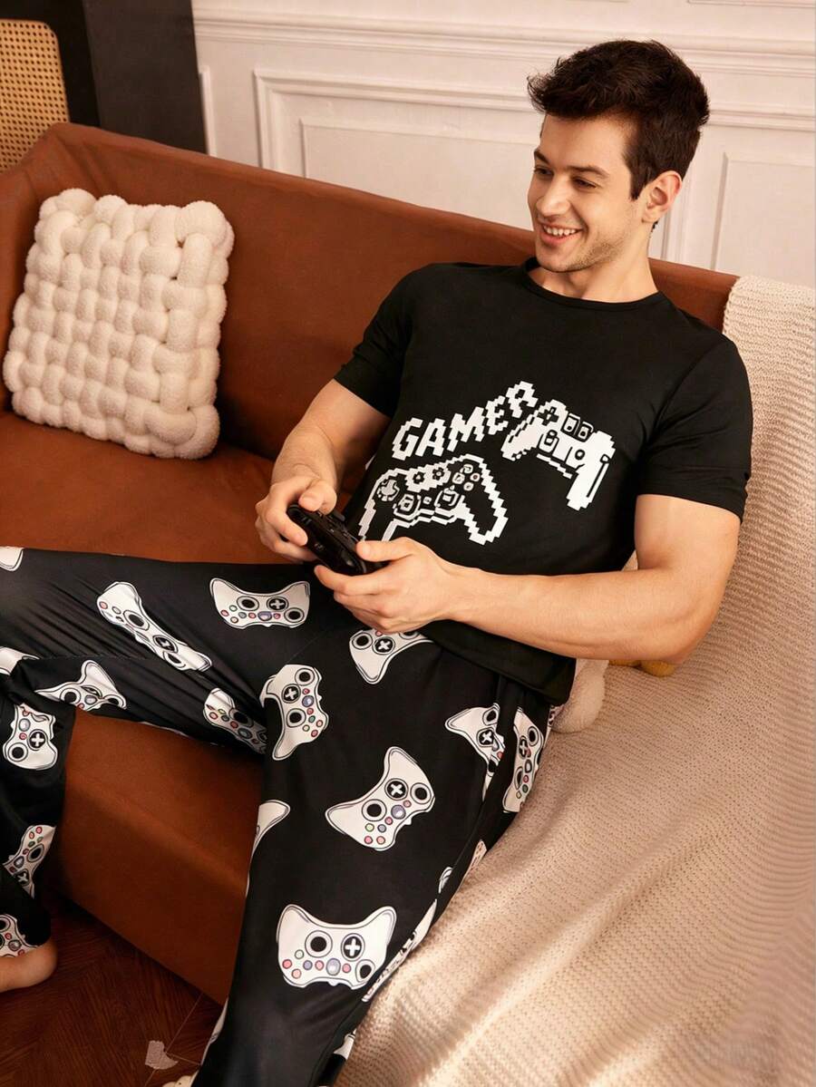 男士印花短袖睡衣套装，夏季家居服 - 黑色 - 查看 1