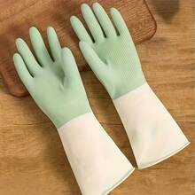 加厚防水乳胶厨房手套 - 米色和薄荷绿，防滑手套，用于洗碗、清洁和家居，适用于厨房、浴室和客厅，清洁手套 | 人体工学手套，耐用橡胶手套，厨房手套，适合 24 小时使用，适合 15 岁及以上人士作为节日礼物 - 彩色 - 查看 2
