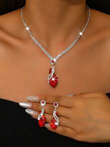 1 Set Women's Necklace And Earrings Combo, Sparkling Heart Pendant Jewelry, Made Of Rhinestone And Crystal, Suitable For Evening Party, Prom, Valentine's Day Gift - Multicolor - View 2