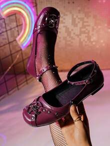 Women's Punk Style Rivet Decor Flat Loafers - Red - View 6